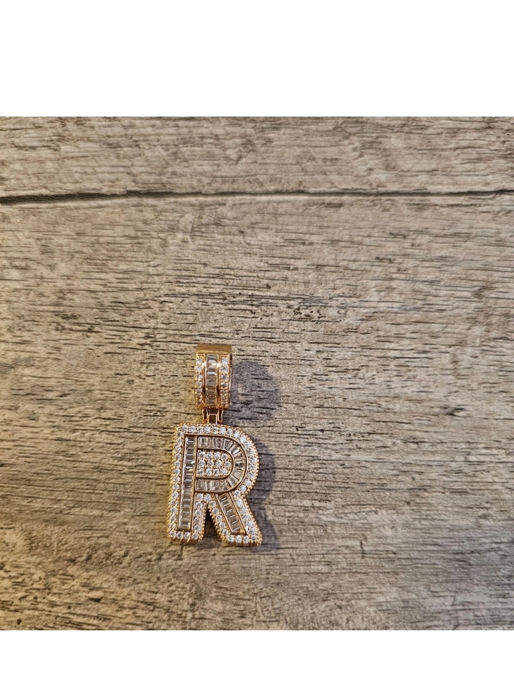 Gold Initial R Pendant with Clear Accent Stones